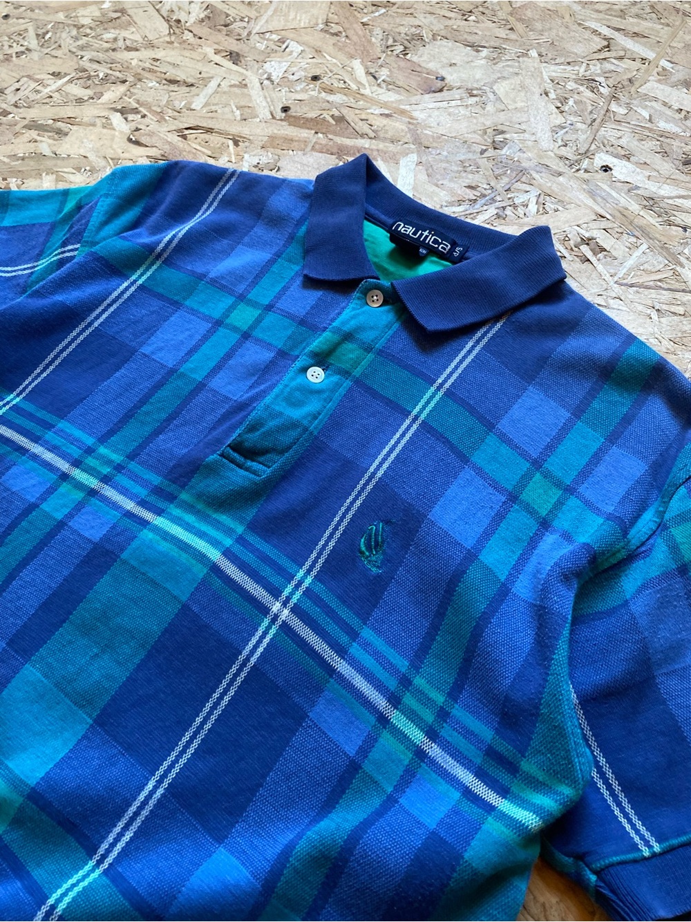 Nautica Vintage Men's Blue & Teal Plaid Polo Shirt